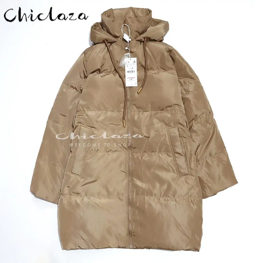 

CHICLAZA 2022 Winter Woman Black Hooded Long Sleeves Parka Female Keep Warm Solid Color Loose Top Outerwear