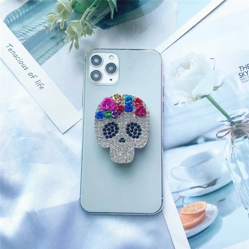 Портативный Блестящий бриллиантовый кронштейн в виде черепа складной держатель