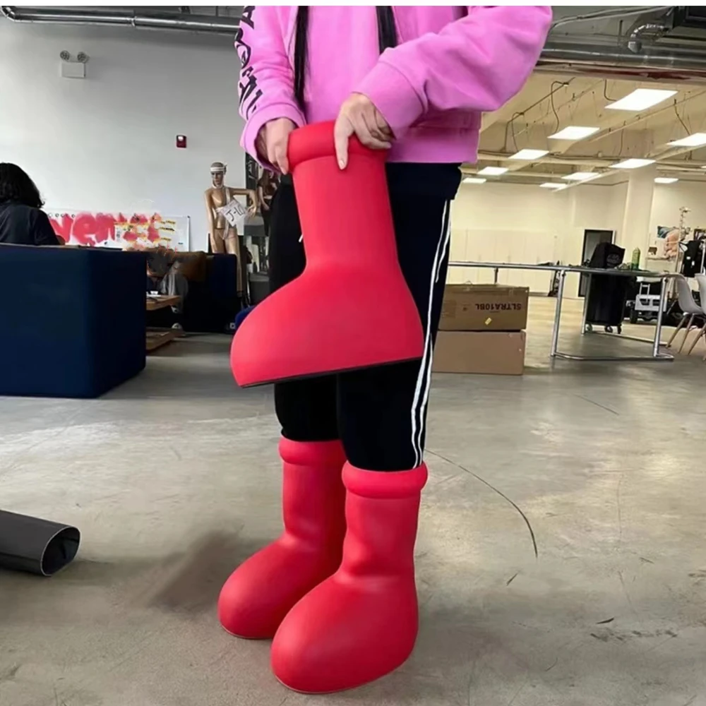 

Водонепроницаемые ботильоны без шнуровки, красные непромокаемые ботинки на толстой подошве, с круглым носком, резиновая подошва, для мужчин и женщин