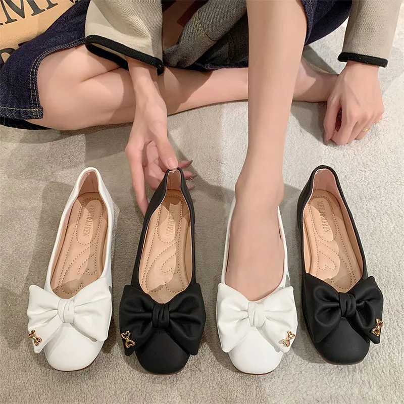 

Casual Woman Shoe Shallow Mouth Elegant Female Footwear Autumn Bow-Knot Modis Square Toe All-Match Dress Fall Butterfly Moccasin