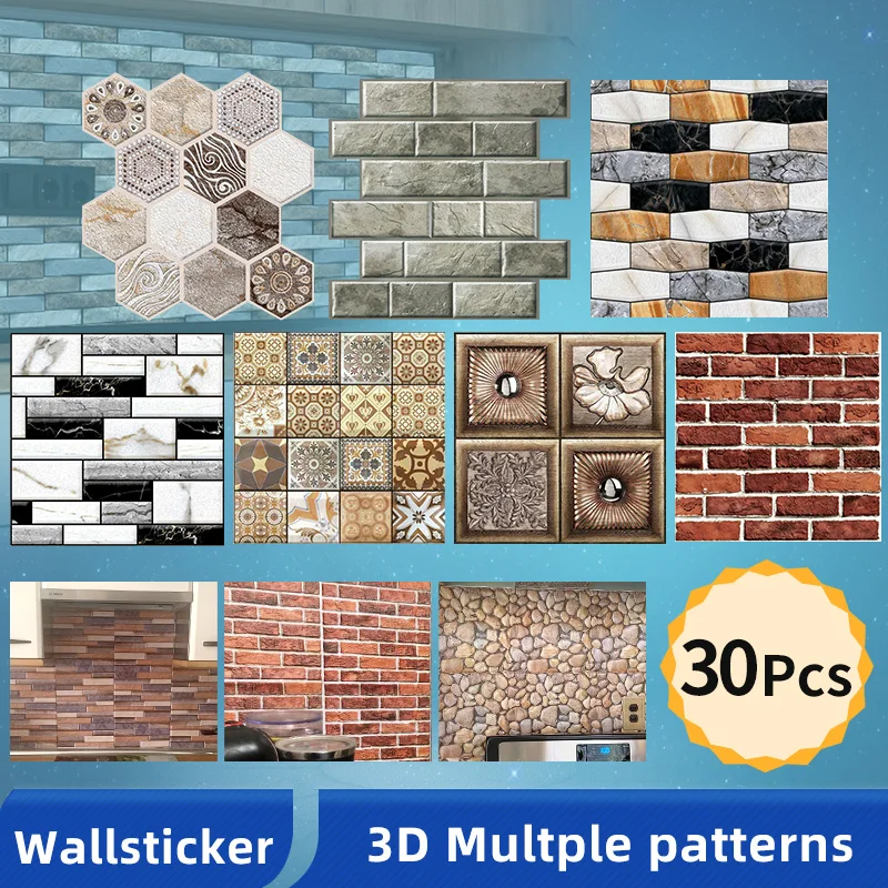 

OK-B 30pcs/lot 3D Stone Self-Adhes Wallpaper DIY Pattern Brick Kitchen Living Room Home Decoration Waterproof Tile Wall Stickers