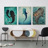 blue watercolor whale shark marine animals poster kraft paper vintage poster wall art painting study aesthetic art wall painting
