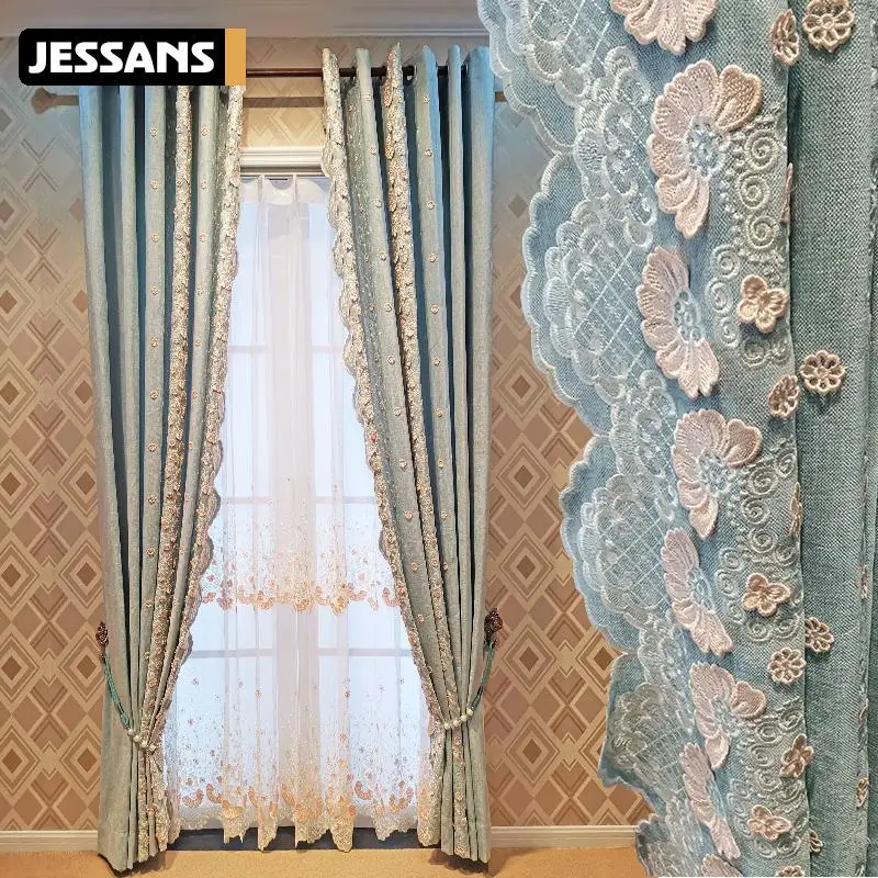 

Custom curtains Chinese embossed embroidered living room bedroom blue chenille cloth blackout curtain tulle valance drape B743