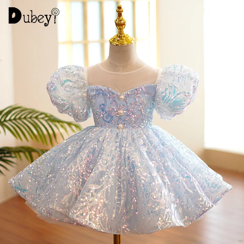 

Girls Clothes Blue Sequin Princess Dress Evening Dresses Elegant Prom Wedding Birthday Party Costumes Sparkly Ball Gown