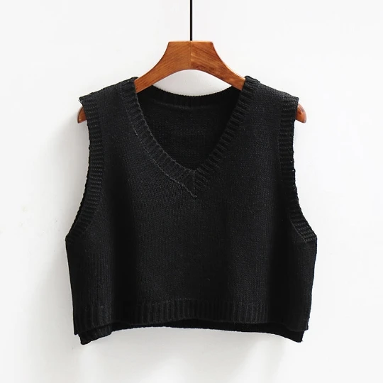 

Black Korean Autumn Sleeveless Sweater Women Sweet Solid Color V Neck Knitted Loose Sleeveless Slim Vest Jumpers Pull Cloth