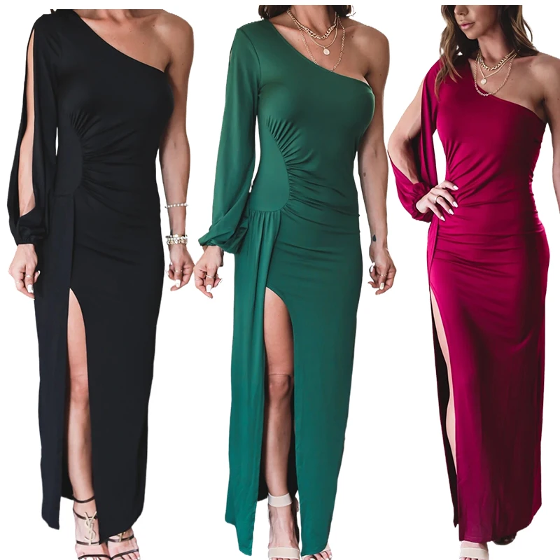 

Sexy women's one shoulder long dress half-sleeve split one-step A-line skirt evening dresses green red black bodycon dress