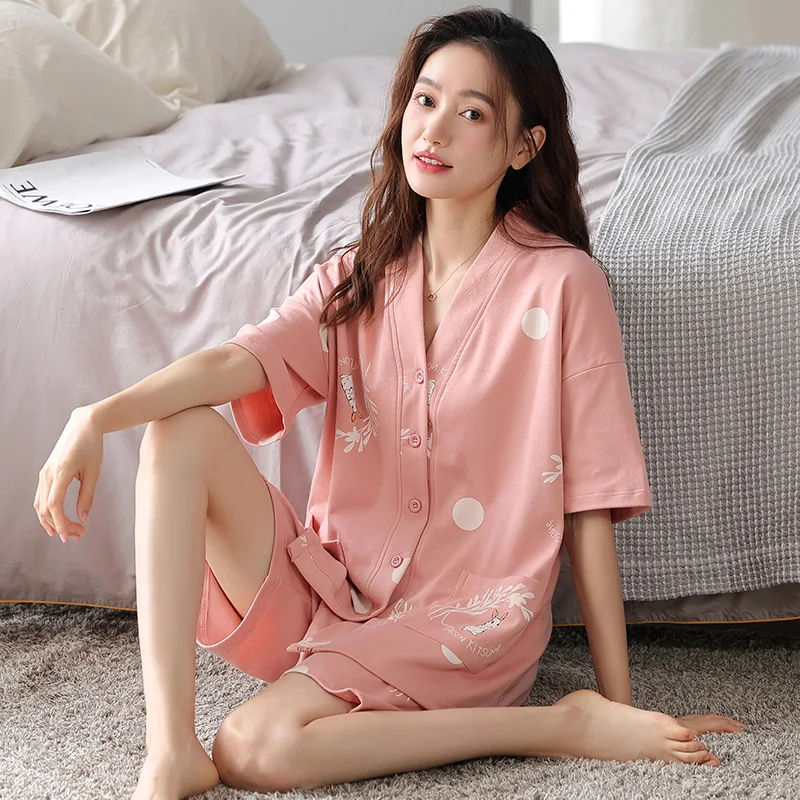 Cotton Women Pajamas Sets Pyjamas Female V-Neck Loungewear Pijamas Short Sleeve Button Down Top Shorts Suit Sleepwear Nightwear