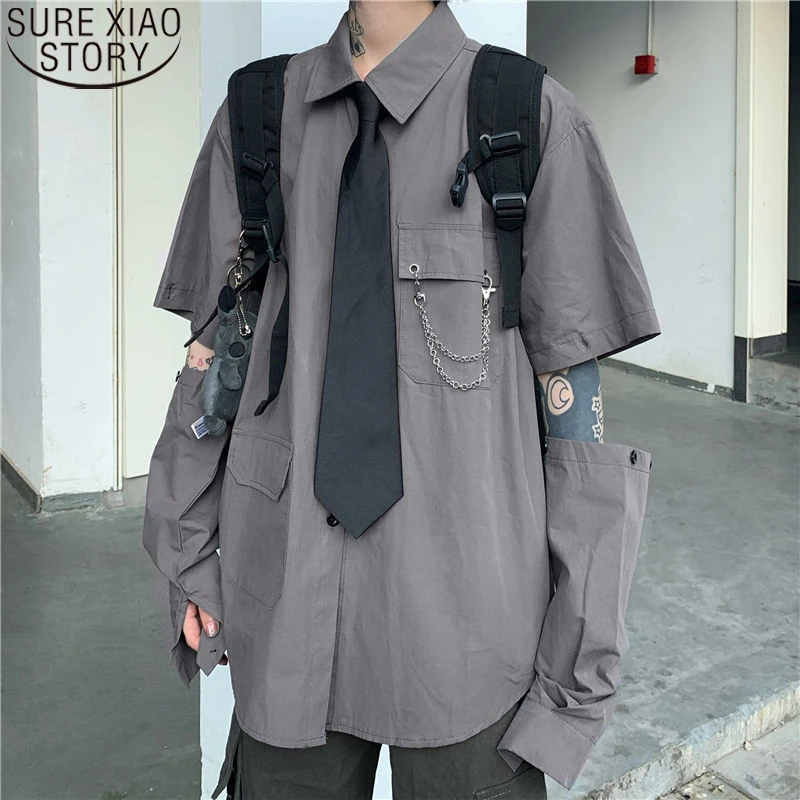 

Women Detachable Sleeve Shirt Fashion Harajuku Style Solid Black Gray Tops Loose Shirt with Tie Pocket with Chain Clothing 21916