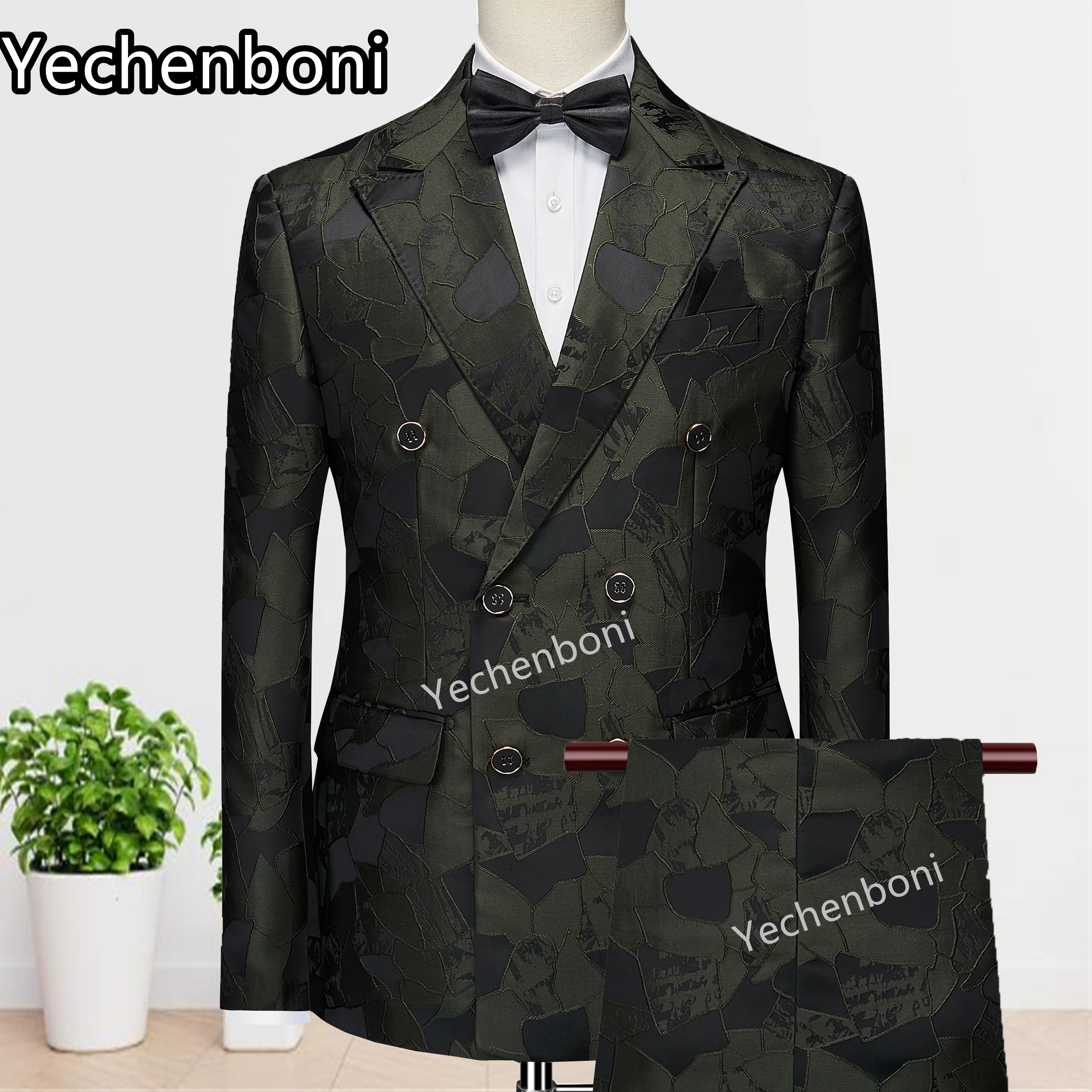 

Yechenboni 2023 Latest Coat Pant Slim Fit Party Wedding Suits For Men Army Green Jacquard Peaked Lapel Groom Tuxedos Costume