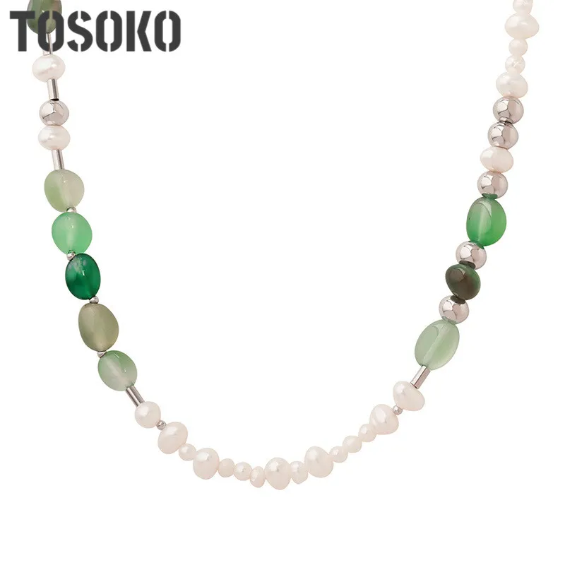 

TOSOKO Stainless Steel Jewelry Freshwater Pearl Splicing Natural Stone Lockbone Chain Women's Elegant Necklace BSP1359
