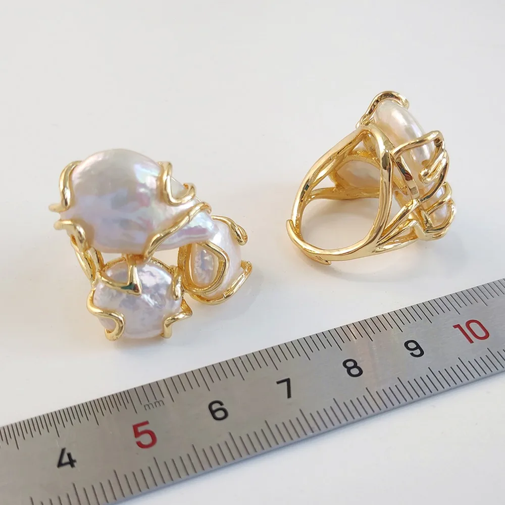 1 шт. великолепное кольцо с натуральным жемчугом FUWO покрытое золотом три камня