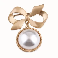 tulx elegant gold color bowknot simulated pearl brooch lapel pin for women simple dress coat cardigan wedding jewelry gifts