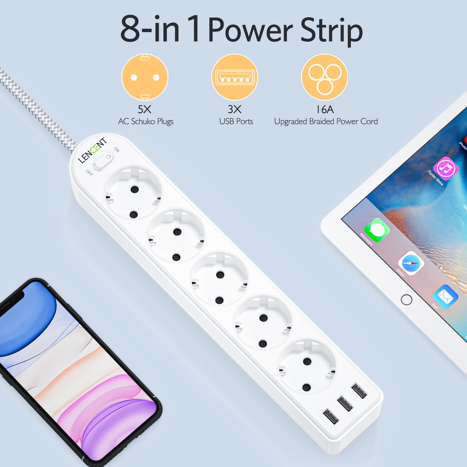 Сетевой фильтр LENCENT с 5 розетками и 3 USB-портами В/4000 А Вт 8 в 1 несколько розеток