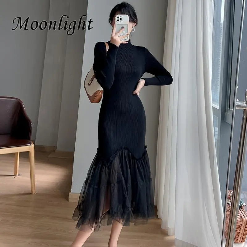 

Женское трикотажное платье в стиле пэчворк, черное облегающее вечернее платье-трапеция средней длины с высоким воротником и длинным рукаво...