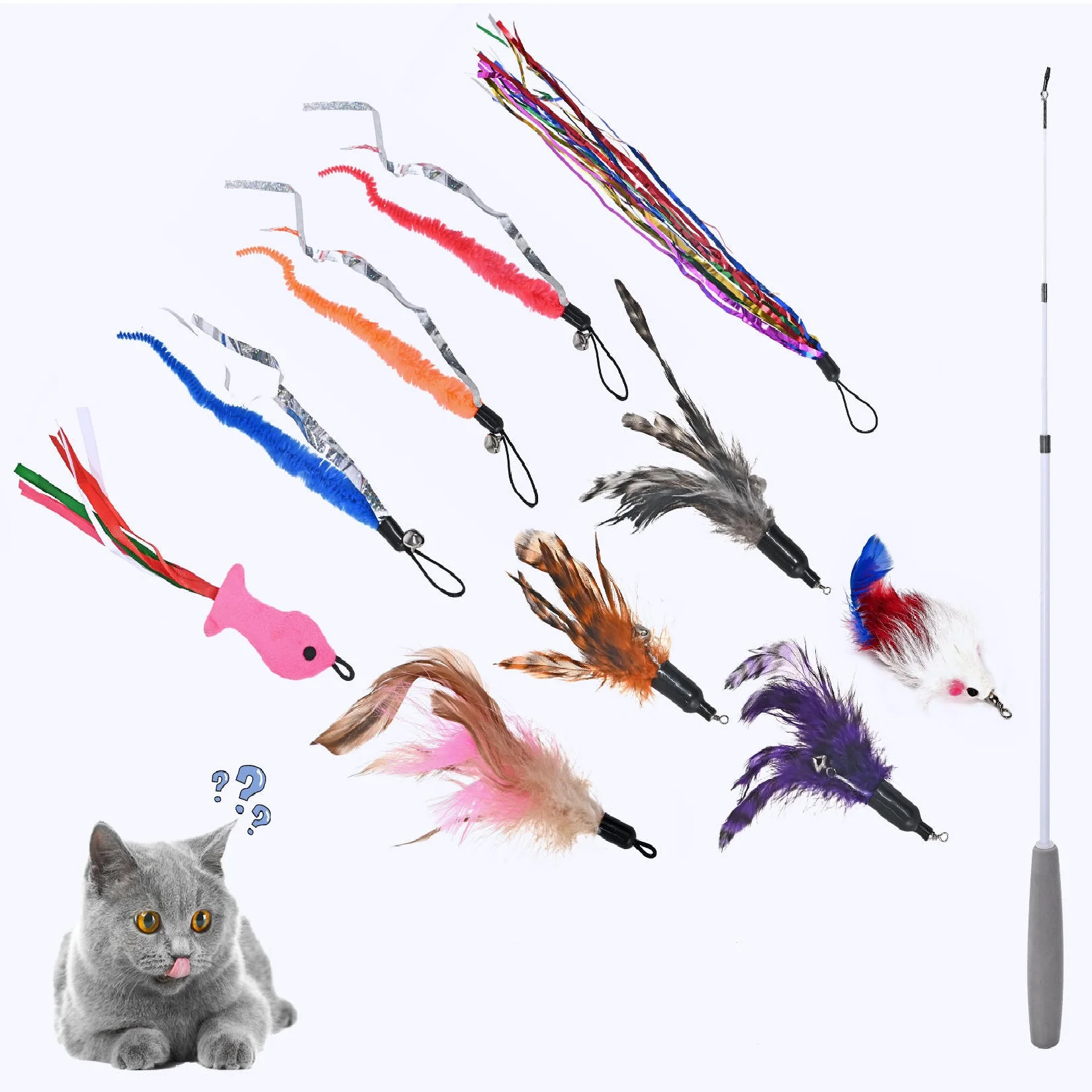 

10pc/Set Colorful Feather Wand Replacement Cat Teaser Wand Interactive Pet Toys Cat Fishing Rod Toys cats accessories pet