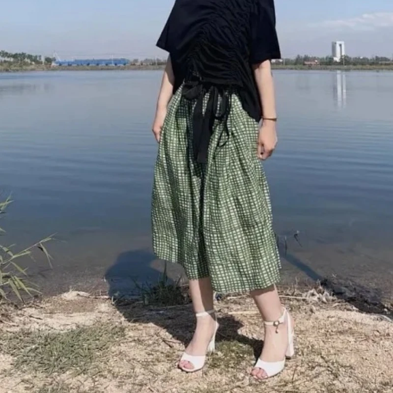 

Women Skirt 2023 Spring and Summer New Green Plaid Thin Straight Skirt