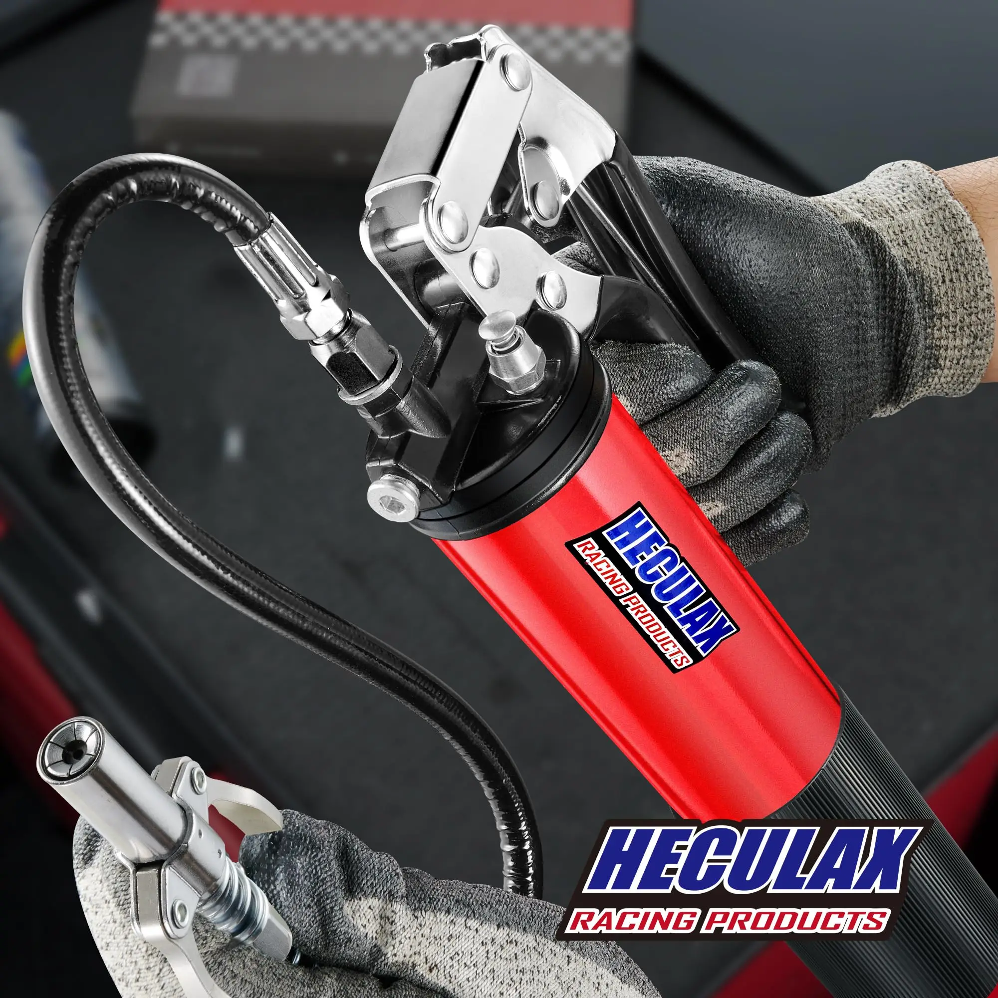 Фото Шприц для смазки Bravex 6000 PSI повышенной прочности с быстросъемным соединением, пистолетный, с комплектом для подачи смазки, емкость 14 унций, гибкий шланг 18 дюймов, красный №5