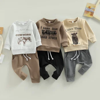 Citgeett Autumn Toddler Baby Boy Clothes Set Long Sleeve Letter Print Sweatshirt + Solid Color Trousers Pockets Fall Suit 1