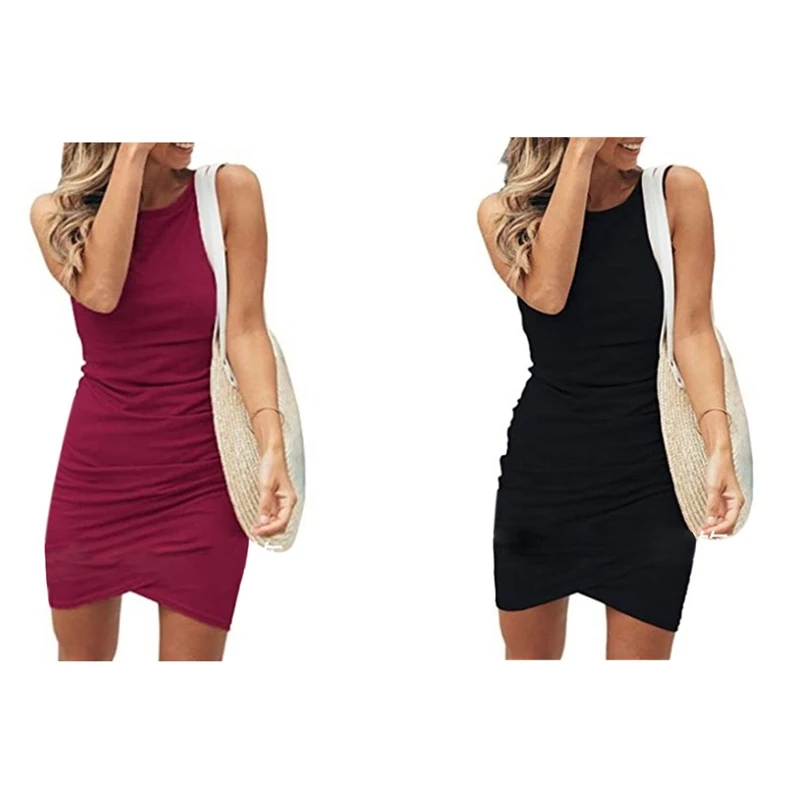 

New Women's Casual Round Neck Pleated Sleeveless Tight-Fitting Dress