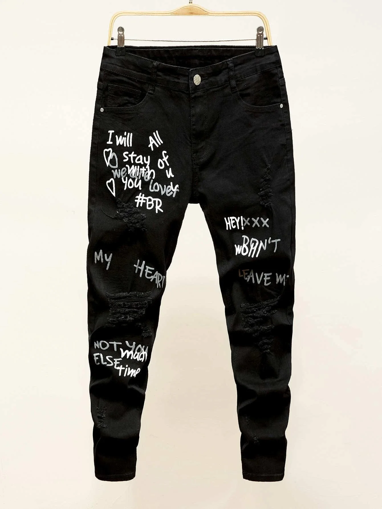 

Men Slogan Graphic Ripped Skinny Jeans