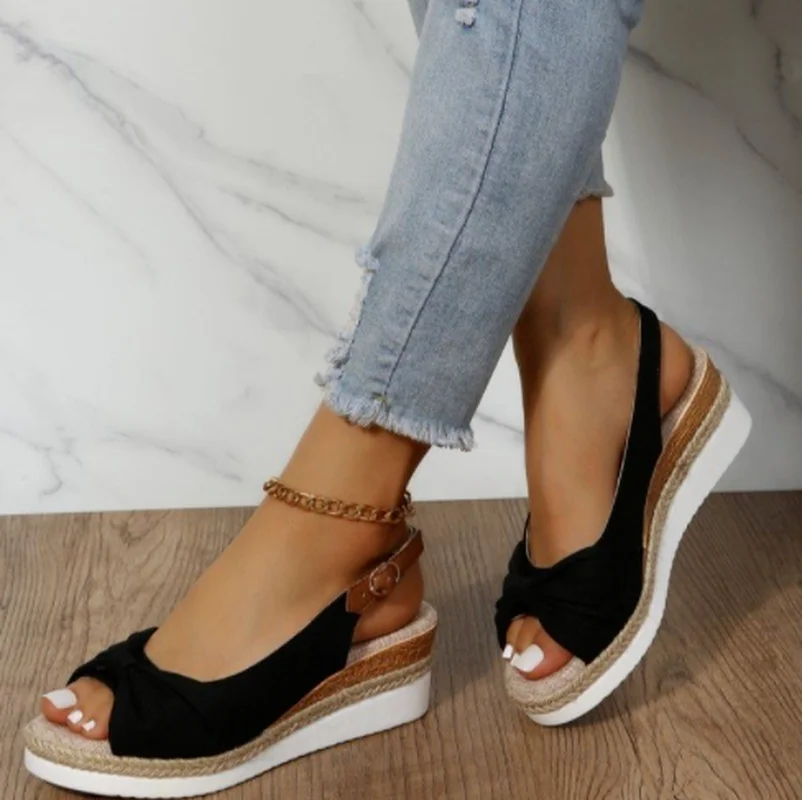 

New Fashion Platform Wedge Heels Sandals Women 2022 Bowtie Peep Toe Gladiator Sandals Woman Back Strap Thick Bottom Sandalias