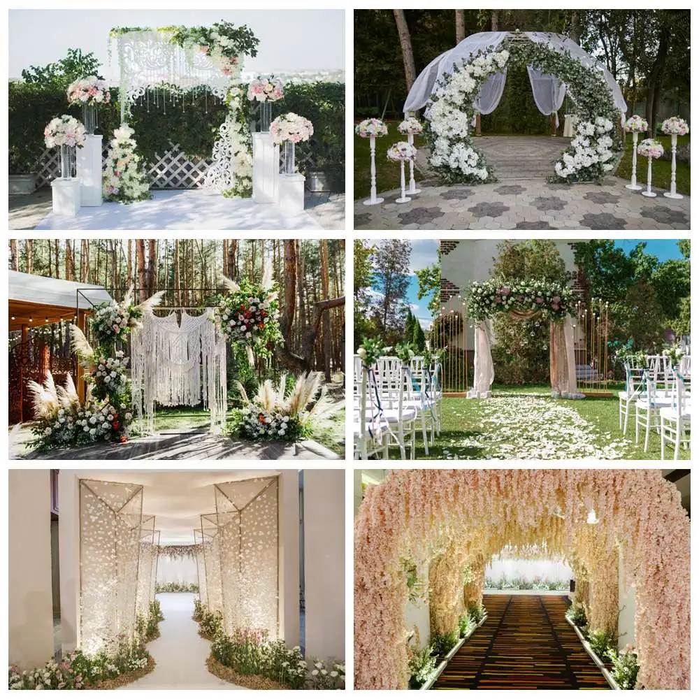 

Wedding Decoration Photography Backdrop Bridal Shower Pure White Curtain Crystal Pink Flowers Door Green Grass Photo Backgrounds