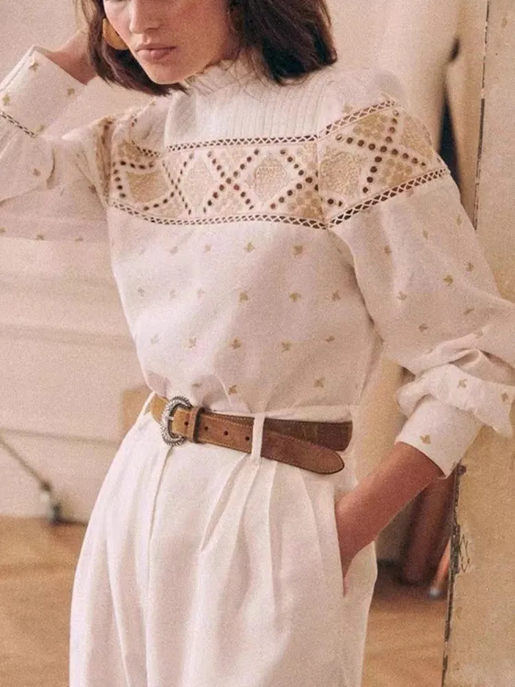 

Women Hollow Out Floral Embroidered Shirt Ruffled Stand Collar Ladies Single Breasted Pullover 2022 New Long Sleeve Blouse