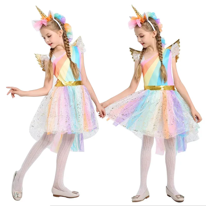 

Halloween Cosplay Girl Unicorn Dress Holiday Performance Dress Rainbow Dress Stage Performance Colour Dress Headdress Wings