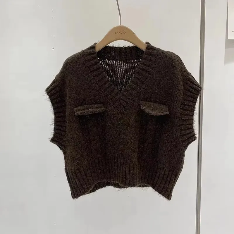 Осень-весна винтажные вязаные пуловеры с v-образным вырезом жилеты женские серые