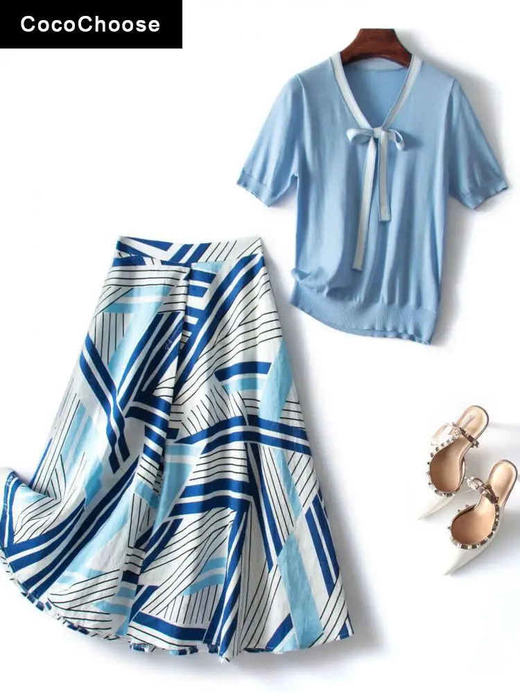 

2022 Summer Dress Sets Elegant Women Bow Tie V-neck Short Sleeve Knitted Top T-shirt and A-line Linen Skirt Suits Two Piece Sets