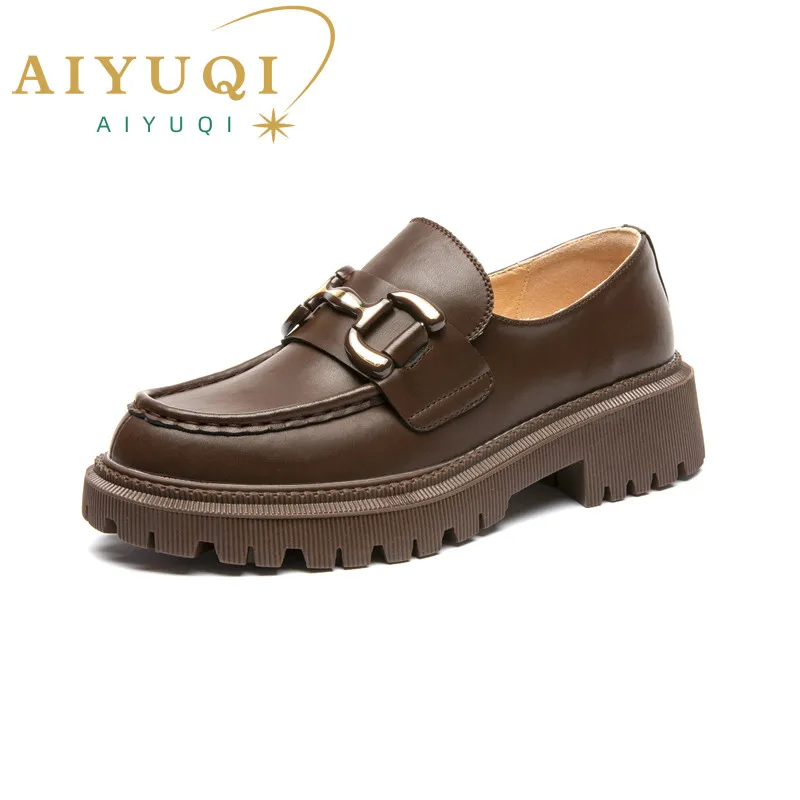 Купи AIYUQI Woman Genuine Leather Loafers Casual Women Student Shoes Slip On Round Toe Platform Footwear Female Shoes за 2,476 рублей в магазине AliExpress