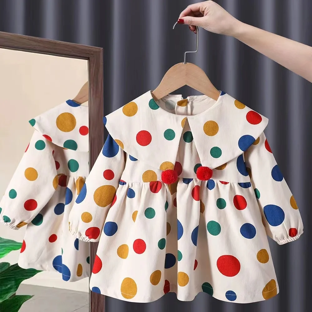 

Girls Collar Dress Polka Dot Spring And Autumn Sweet Colorful Dress 2023 New Children Baby Fashion Princess Dress