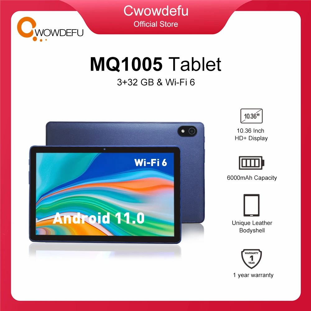 CWOWDEFU 10.36 Inch Tablets Android 11.0 Quad Core 3GB RAM 32GB 1332x800 Wifi6 6000mAH Original Tablet PC with Leather Body 2022