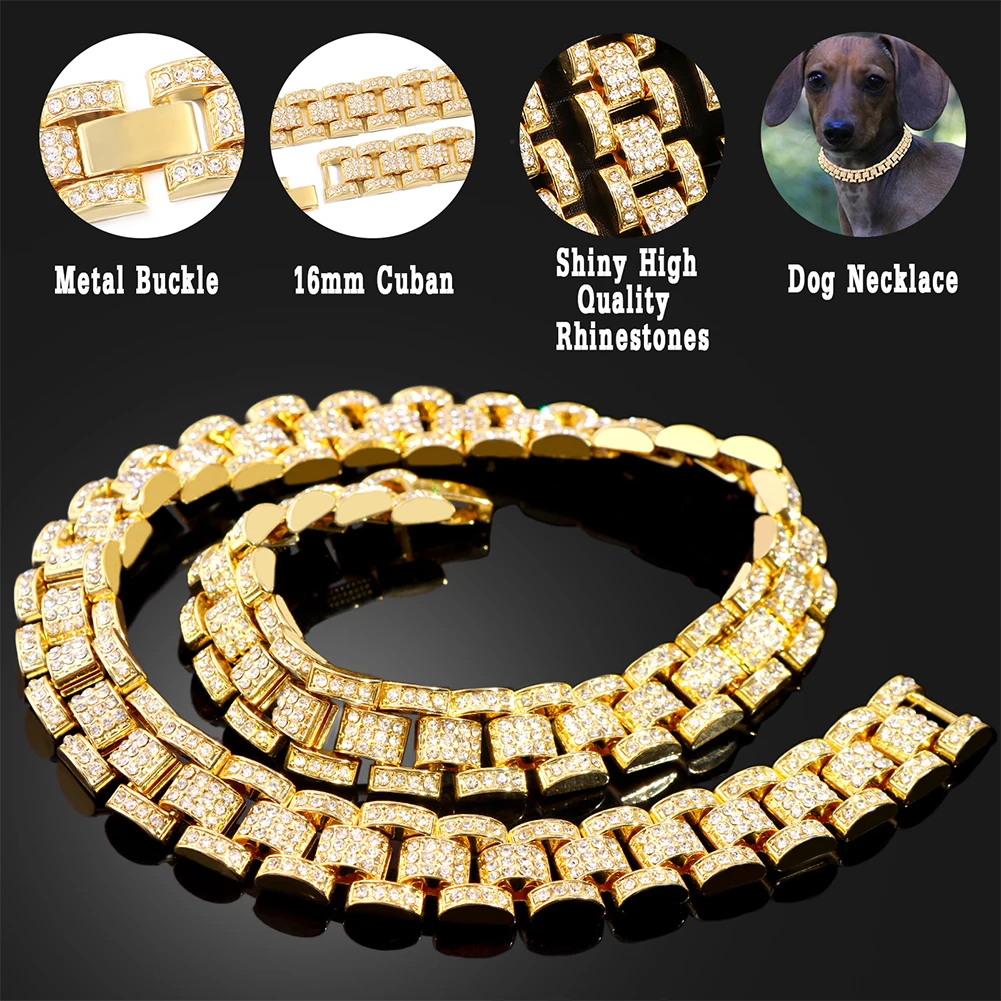 

Luxury Dog Chain Collar Pet Cat Cuban Collar Rhinestone Cuban Chain For Small Medium Large Dogs Cat Necklace Jewelry Accessories