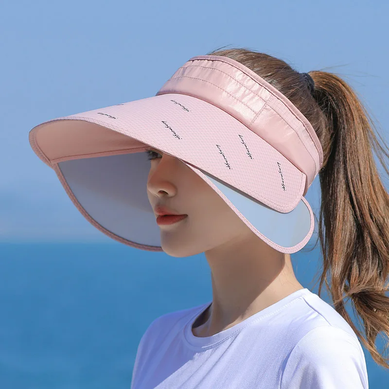

Summer Women Sun Hat Retractable Empty Top Hat Big Brim Visor Hats UV Sunscreen Sports Hat Female Letter Beach Outing Cap