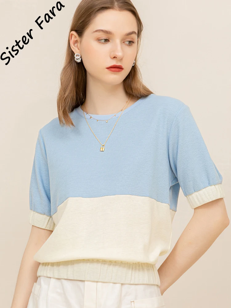 

Sister Fara Summer Cotton Splice T-shirt Women O-neck Short Sleeve Pullover Tops Loose Ladies 2022 New Casual T-shirt Top