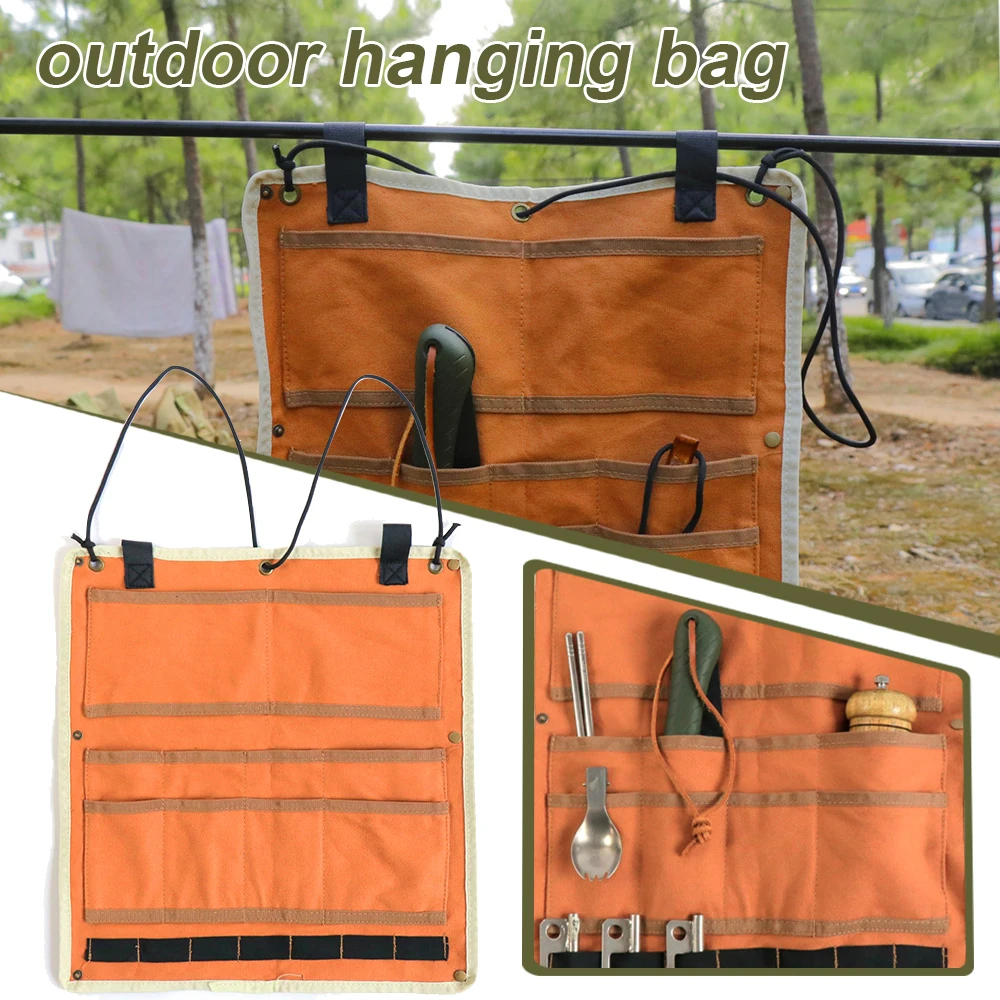 

Portable Tableware Storage Bag Hanging Bags Waterproof Waxed Canvas for Picnic Portable Easy to Store for Camping Hiking ASD88