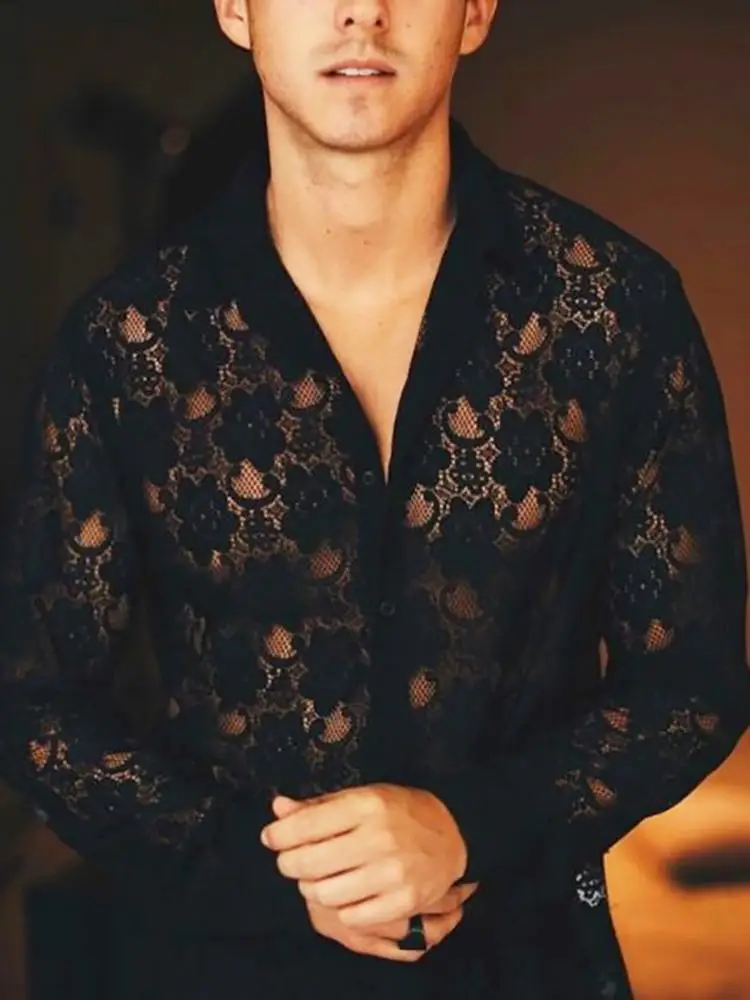 

Men Mesh Shirt Lace Lapel Long Sleeve Streetwear See Through Button Party Nightclub Shirts Sexy Camisa Masculina INCERUN S-5XL