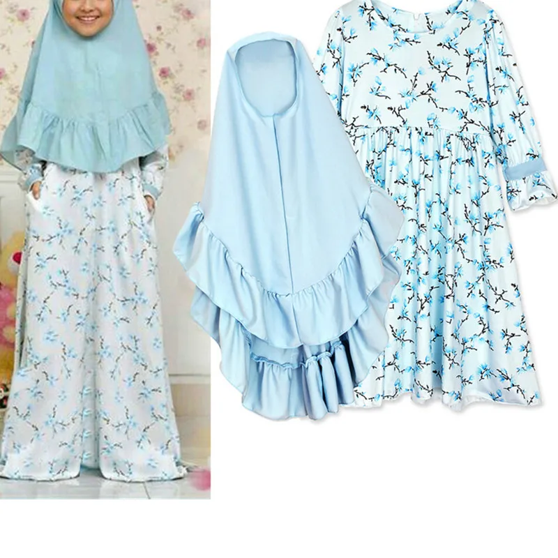Комплект из 2 предметов, мусульманское платье для девочек, детский хиджаб-абайя, мусульманский детский молитвенный халат, кафтан, Рамадан, м...