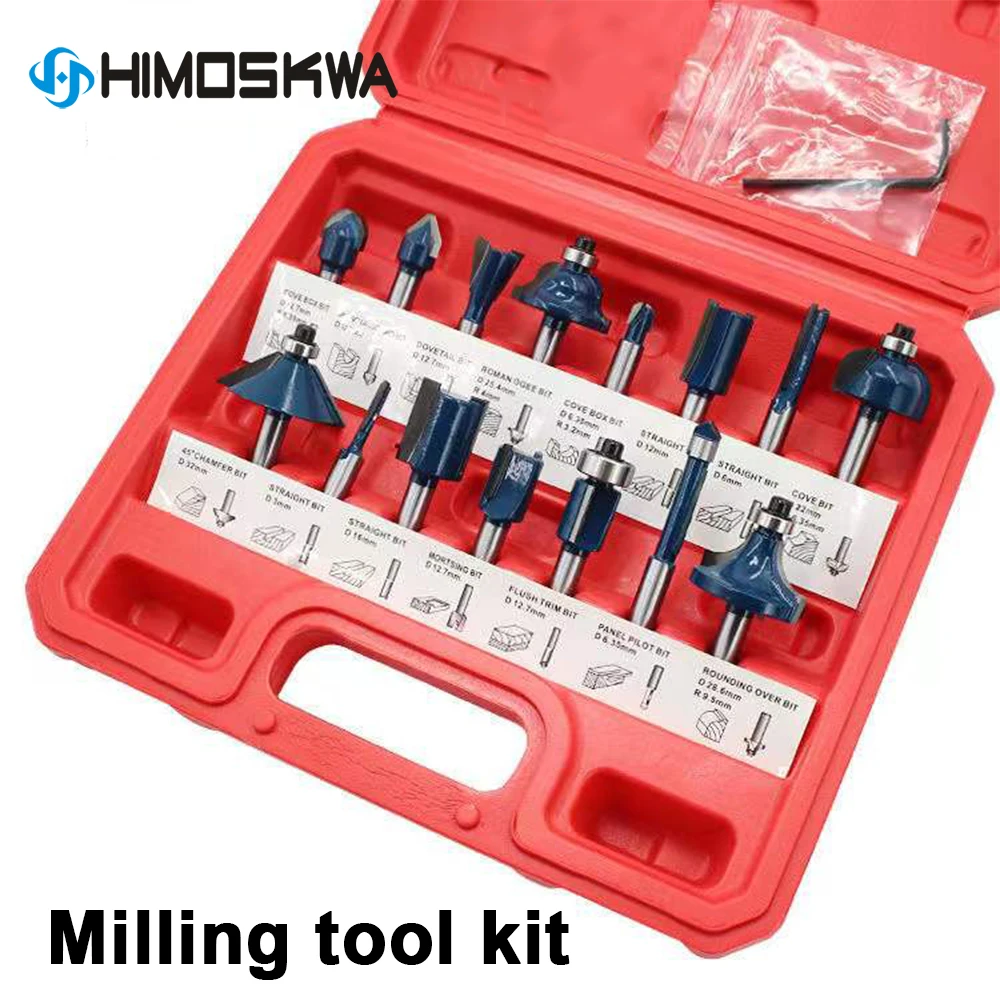 

12pc/15pc Woodworking milling cutter with plastics box set trimming machine engraving machine combination tool 1/4 handle set