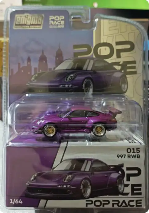 Фото В наличии, готов к отправке: эксклюзивная модель Pop Race x Enigma 1:64 Porsche 997 RWB, фиолетовый цвет, литая под давлением. №2
