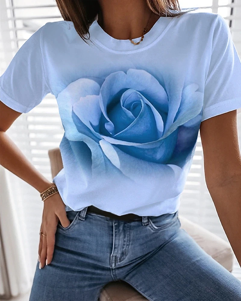 Boutique Rose Flower Graphic T Shirt Fashion Trend Women's Short Sleeve Shirts Casual O-neck Loose Tees Streetwear Free Shipping