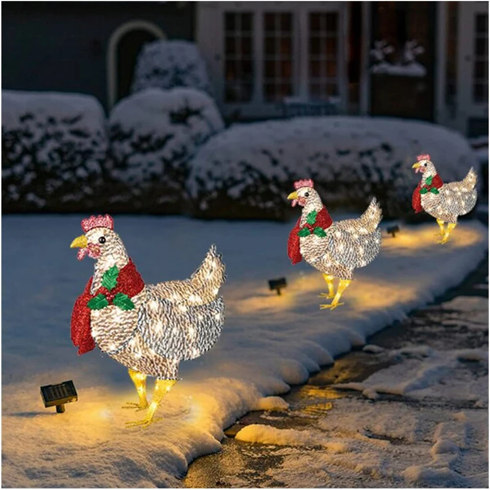 

Glowing Chicken Christmas Acrylic Chicken Ornaments with Scarf Metal Light-up Chicken Decorations for Garden Patio Lawn Decor