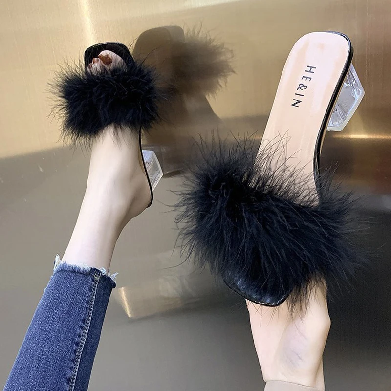 

Slippers Women's Shoes Summer 2022 New Outer Wear Crystal Transparent Thick Heel Square Heel Plush Slippers Female High Heels