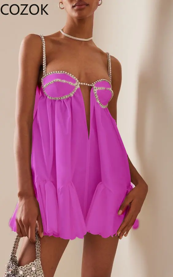 

Платье женское Плиссированное с низким вырезом, Модный пикантный пушистый мини-сарафан без рукавов, на бретельках, с открытой спиной, на лето