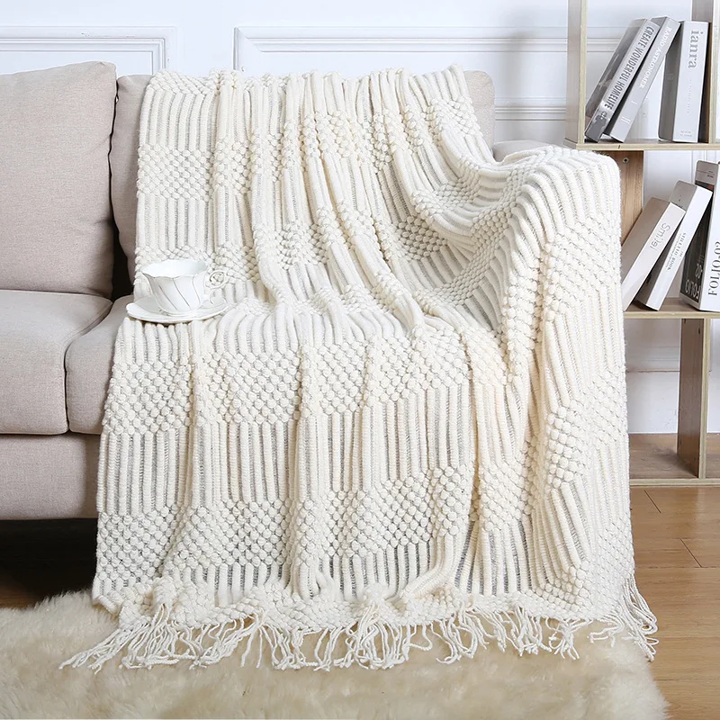 

Knitted Throw Blanket for Couch Soft Farmhouse Boho Fall Throw Blankets with Tassels Throws for Bed Chair Pineapple Textured