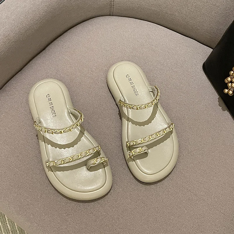 

Woman Chain Slipper Open Toe Slide Designer Sandal Luxury Scuff Thick Bottom Lady Shoes