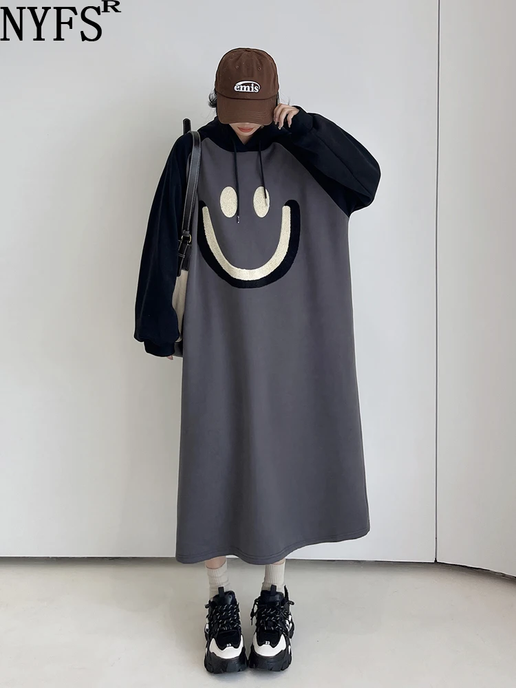 

NYFS 2023 Winter New Korea Woman Dress Vestidos Robe Elbise Loose Plus Size Fleece Thickened Embroidery Smiley Face Dresses