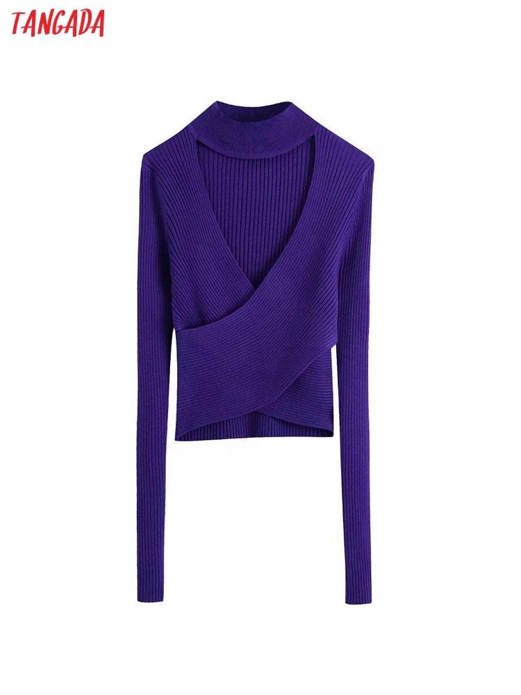 

Tangada Korea Chic Women Purple Hollow Halter Sweater Long Sleeve Ladies Knitted Jumper Tops BE440