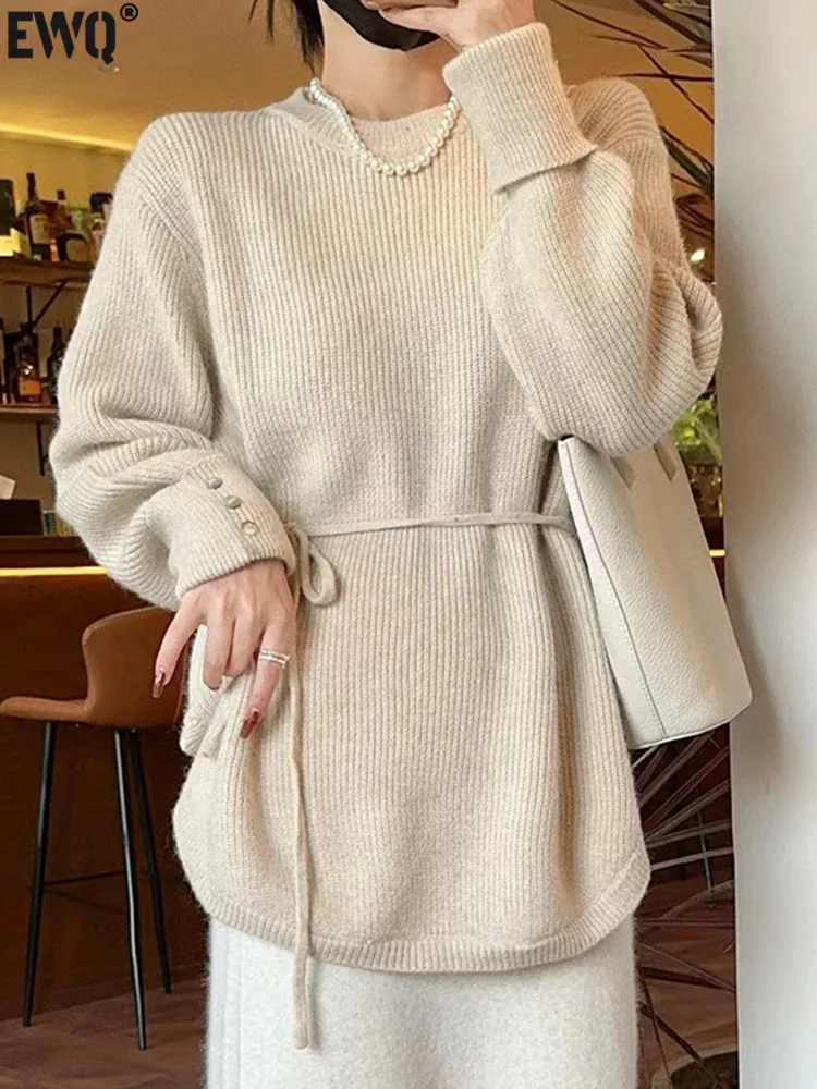 

[EWQ] O-neck Long Sleeve Drawstring Knitted Pullover Sweater Women's Loose Thick Warm Jumper Top 2023 Autumn Winter New 16U6566